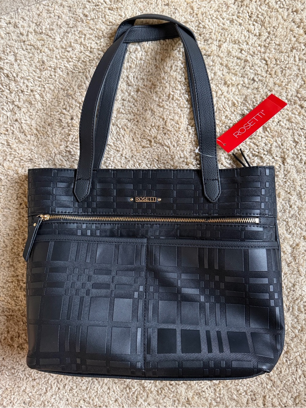 Rosetti Black Plaid-Textured Tote with Front Zip